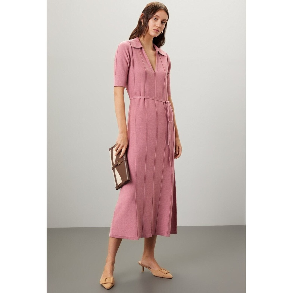 Adam Lippes‎ Knit Collar Dress Mauve Pink V-Neck Pullover Short Sleeve Sz S